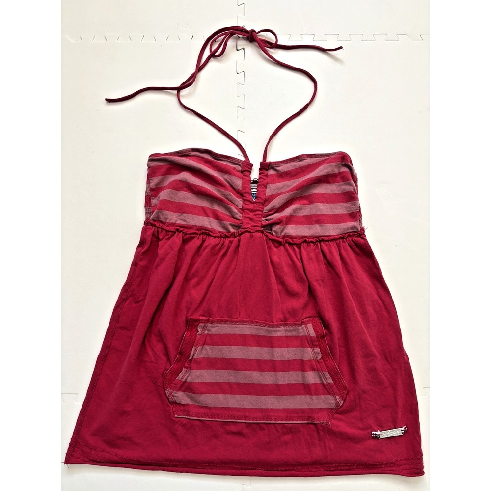 SUPERDRY Y2K Halter Tank Top Babydoll Empire Striped Pocket Retro- Size M Red